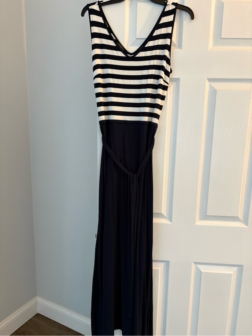 Talbots Navy and White Striped Long Dress with Tie Waist Size Small